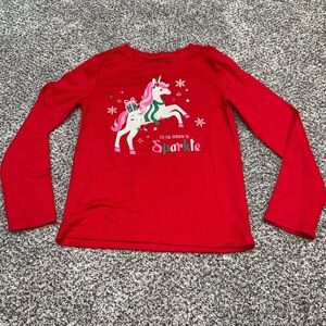 Holiday time red long sleeve shirt with unicorn